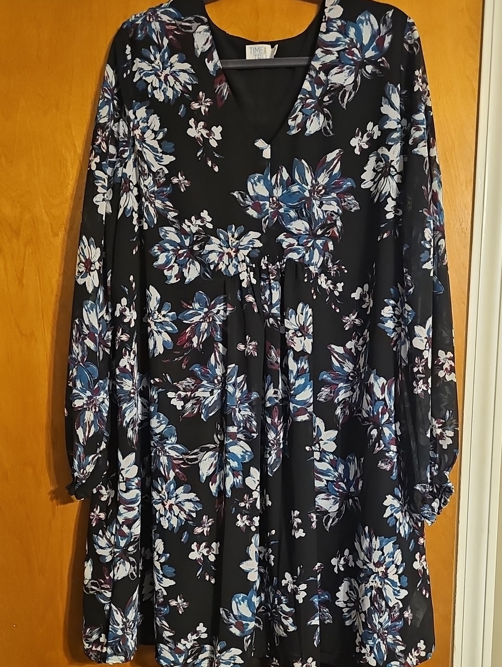 Time and Tru Black Floral Baby Doll Long Sleeve Dress with Teal Accents